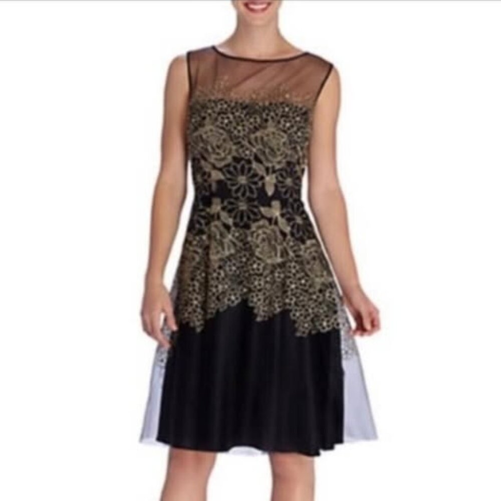 Sheer Black and Gold Sleeveless Cocktail Dress